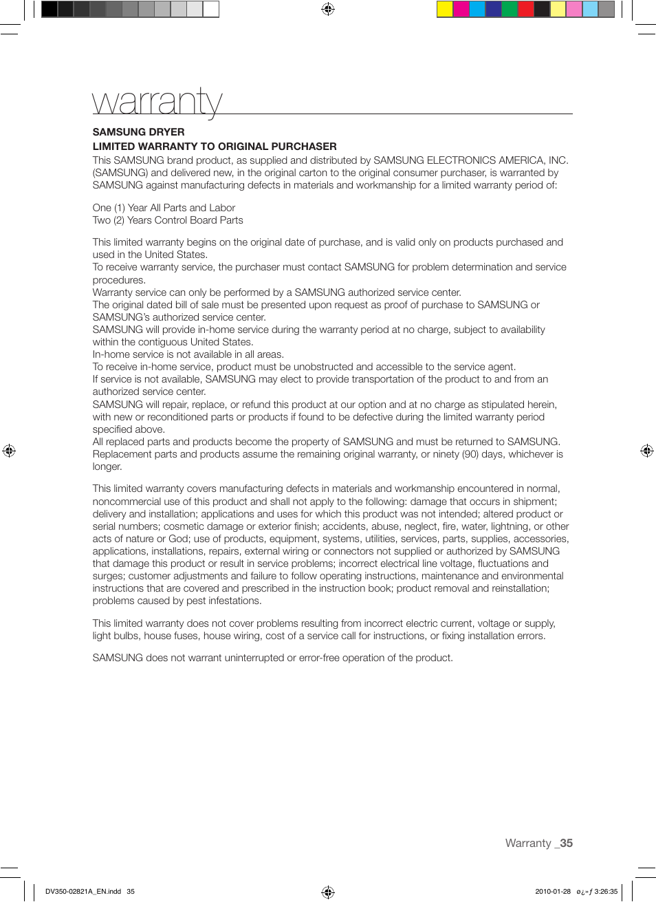 Warranty | Samsung DV350AG* User Manual | Page 35 / 38