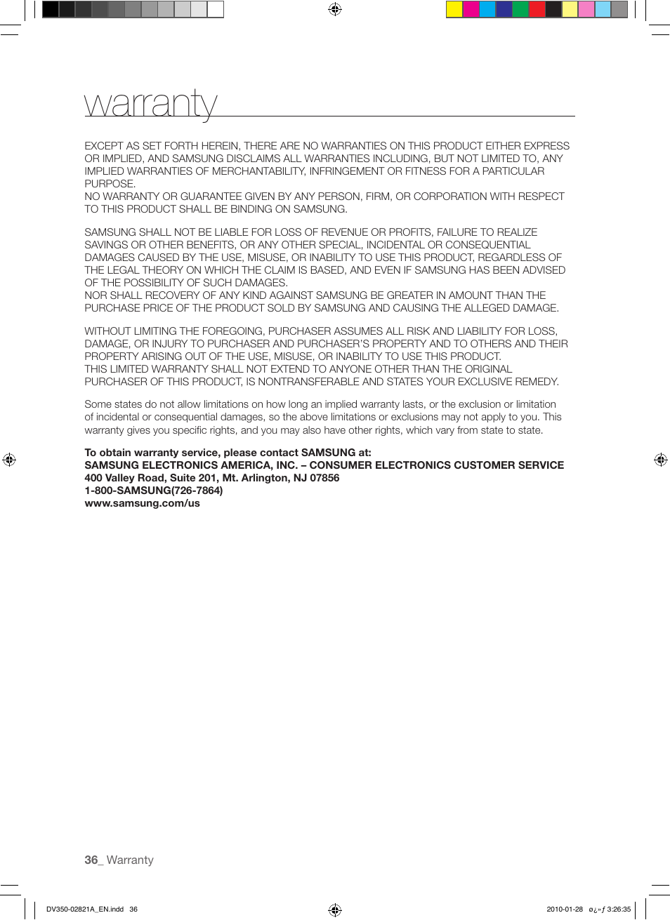 Warranty | Samsung DV350AG* User Manual | Page 36 / 38