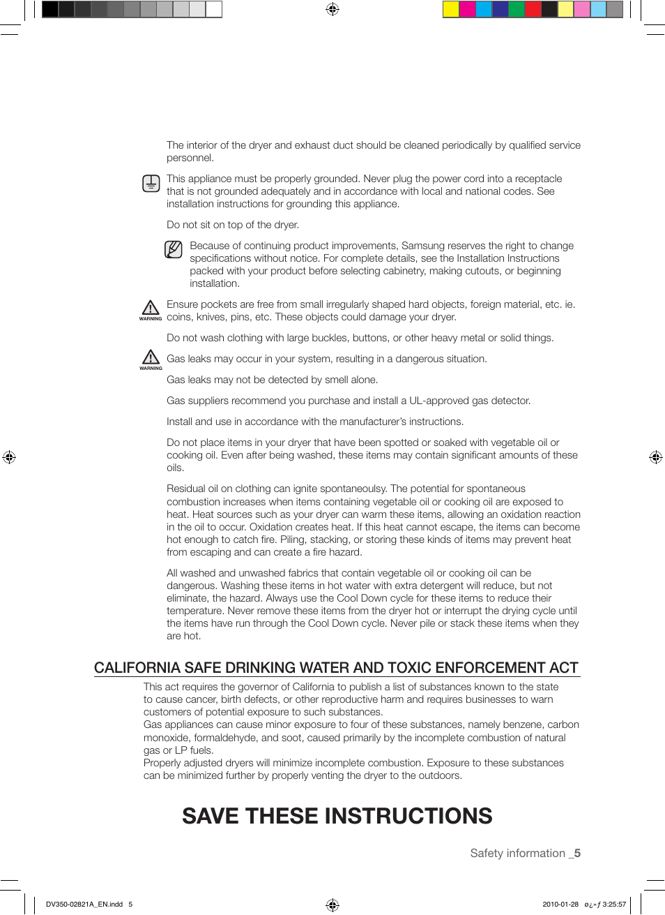 Save these instructions | Samsung DV350AG* User Manual | Page 5 / 38