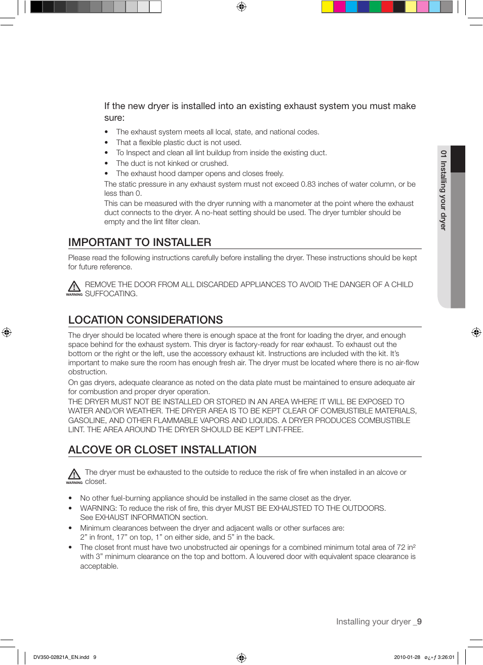 Important to installer, Location considerations, Alcove or closet installation | Samsung DV350AG* User Manual | Page 9 / 38