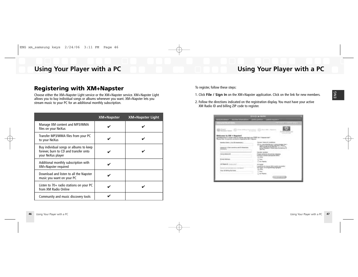 Registering with xm+napster, Using your player with a pc | Samsung NeXus 25 User Manual | Page 24 / 40