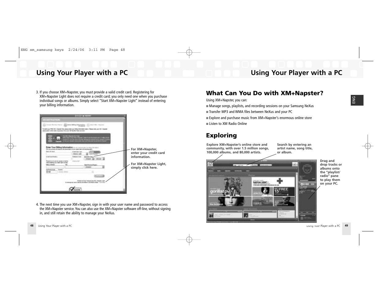 What can you do with xm+napster, Exploring, Using your player with a pc | Samsung NeXus 25 User Manual | Page 25 / 40
