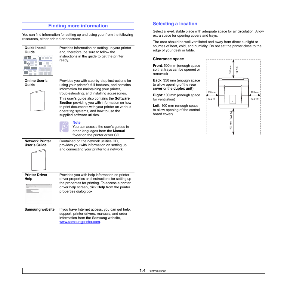 Finding more information, Selecting a location | Samsung ML-3050 User Manual | Page 13 / 101