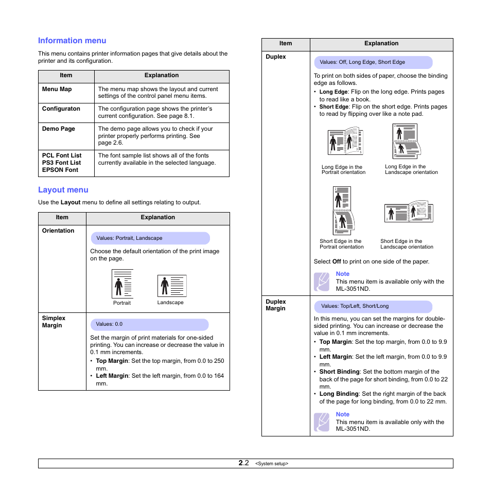Information menu, Layout menu | Samsung ML-3050 User Manual | Page 15 / 101