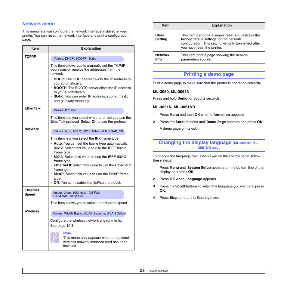 Network menu, Changing the display language, Printing a demo page | Samsung ML-3050 User Manual | Page 19 / 101