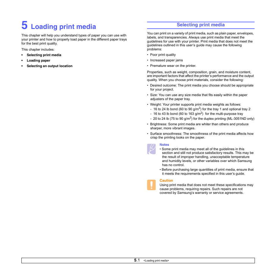 Loading print media, Selecting print media | Samsung ML-3050 User Manual | Page 27 / 101