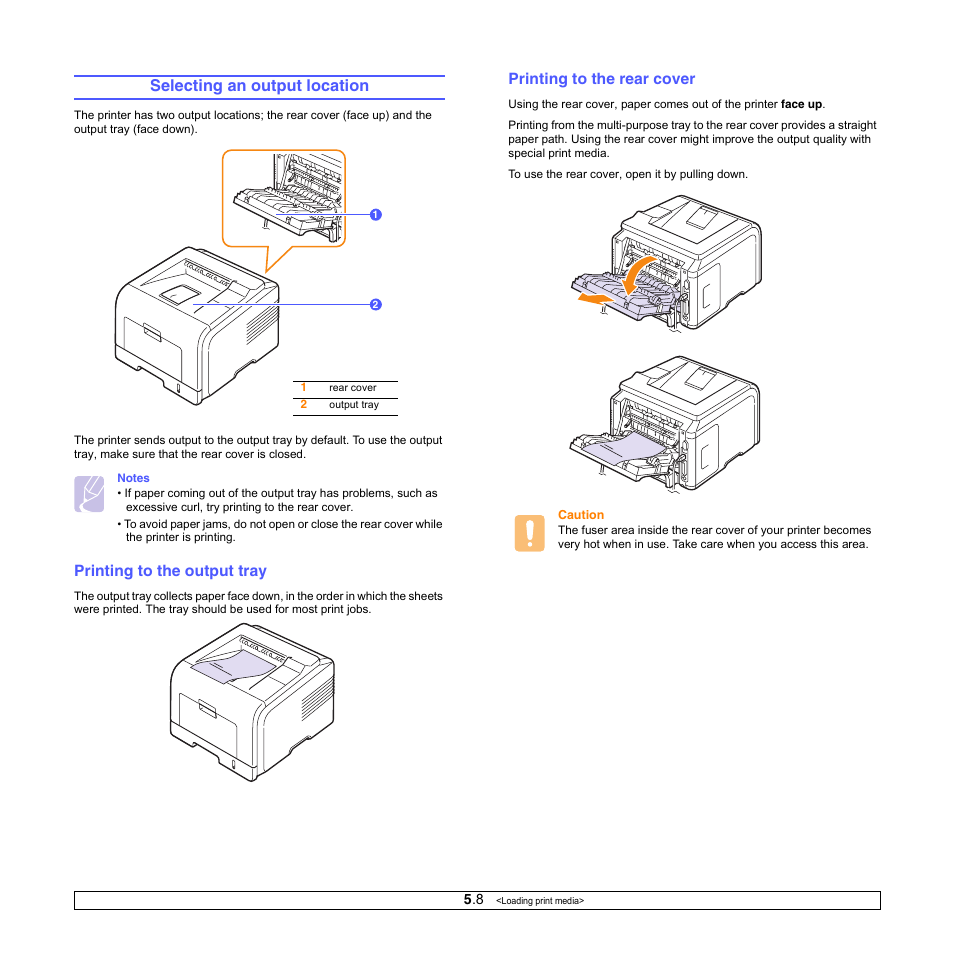 Selecting an output location, Printing to the output tray (face down), Printing to the rear cover (face up) | Printing to the output tray, Printing to the rear cover | Samsung ML-3050 User Manual | Page 34 / 101