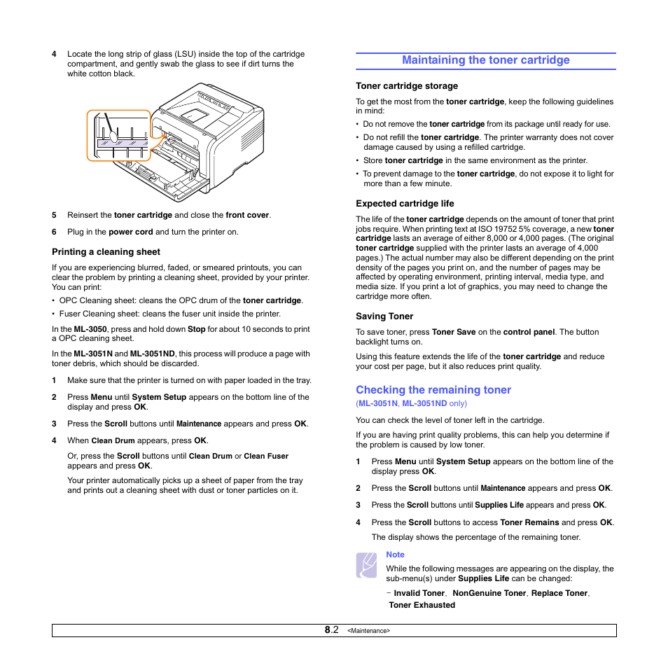 Maintaining the toner cartridge, Checking the remaining toner | Samsung ML-3050 User Manual | Page 38 / 101