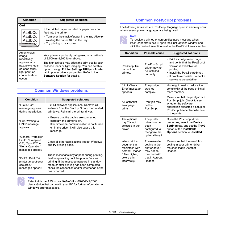 Common windows problems, Common postscript problems, Common windows problems” on | Common postscript problems” on | Samsung ML-3050 User Manual | Page 53 / 101