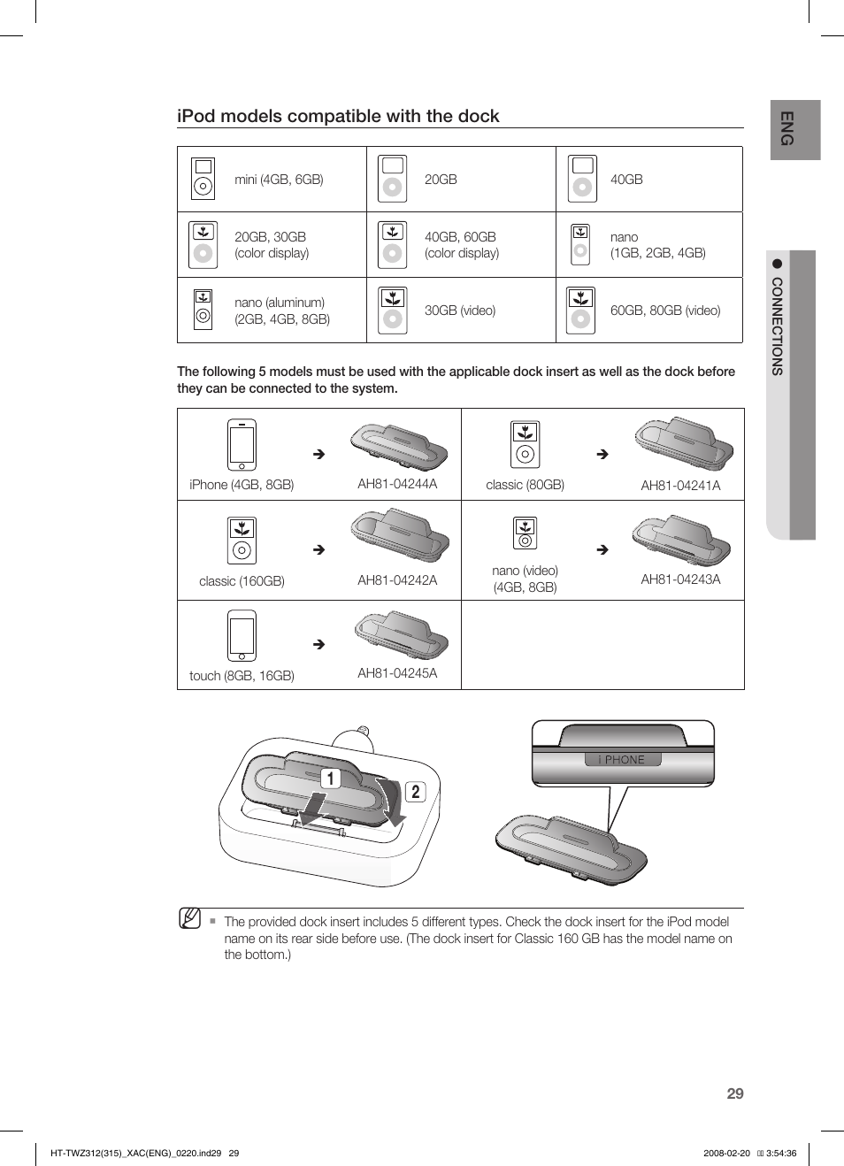 Ipod models compatible with the dock | Samsung HT-TWZ315 User Manual | Page 30 / 72