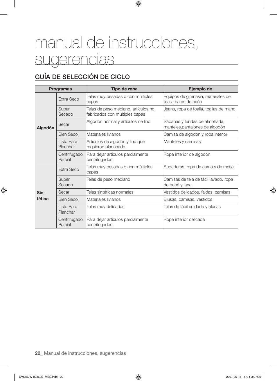 Manual de instrucciones, sugerencias, Guía de selección de ciclo | Samsung DV665J User Manual | Page 50 / 60