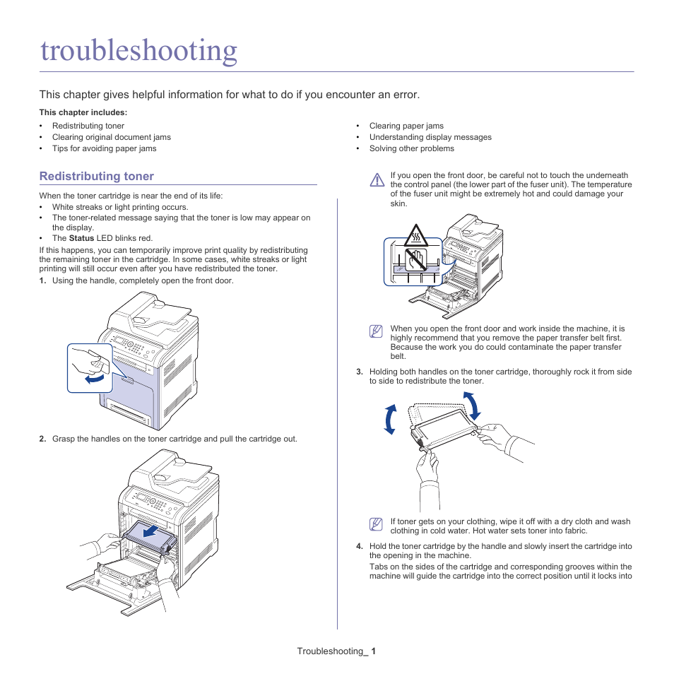 Troubleshooting, Redistributing toner, Redistributing | Samsung CLX-6220 User Manual | Page 106 / 155