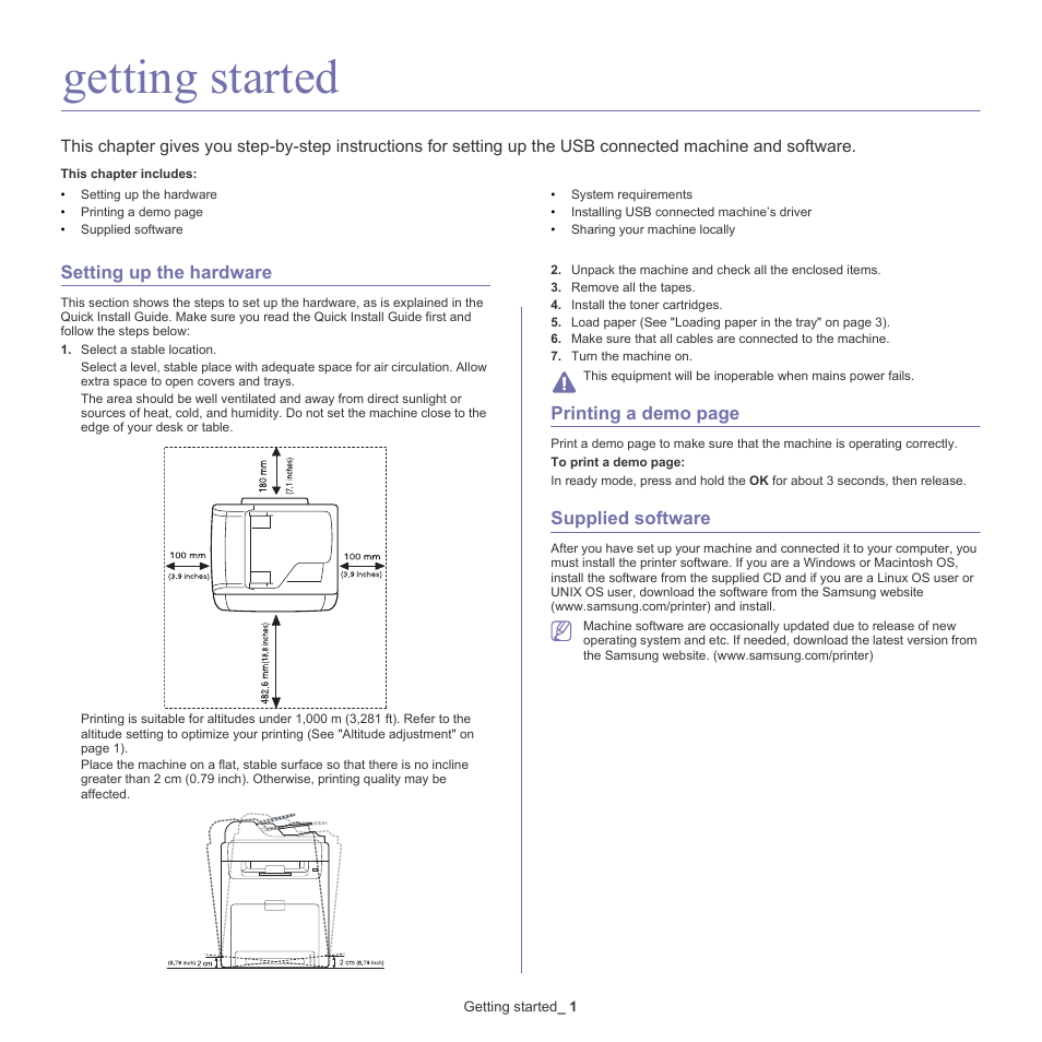 Getting started, Setting up the hardware, Supplied software | Printing a demo page | Samsung CLX-6220 User Manual | Page 26 / 155