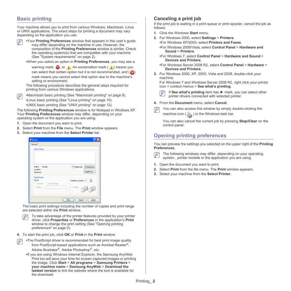 Basic printing, Opening printing preferences, Opening printing | See "opening printing, See "opening, Canceling a print job | Samsung CLX-6220 User Manual | Page 52 / 155