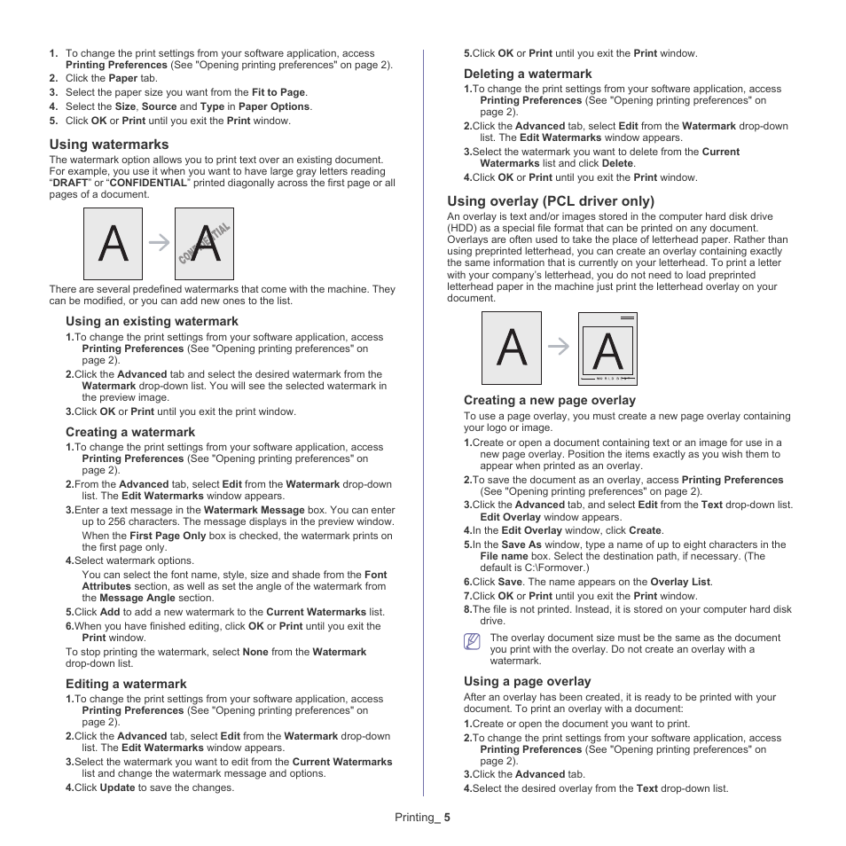 L” (see "using watermarks" on, See"using, Using watermarks | Using overlay (pcl driver only) | Samsung CLX-6220 User Manual | Page 55 / 155