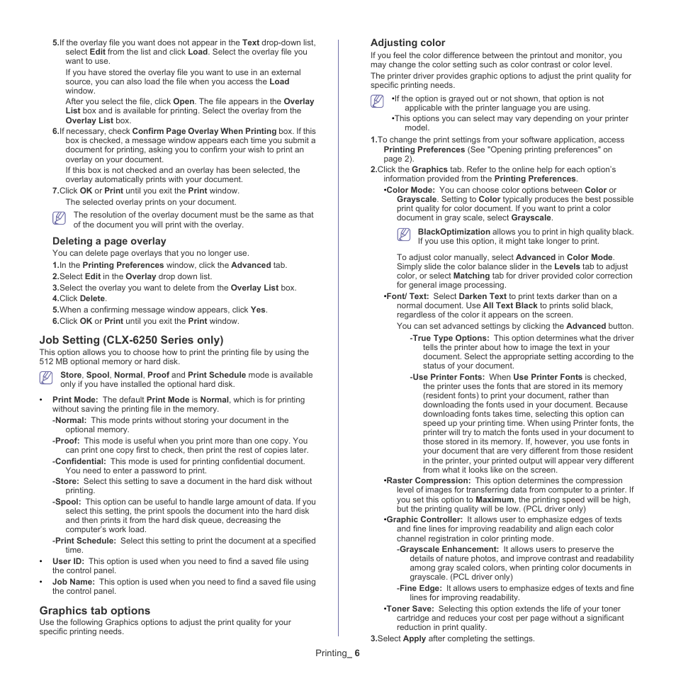 Job setting (clx-6250 series only), Graphics tab options | Samsung CLX-6220 User Manual | Page 56 / 155