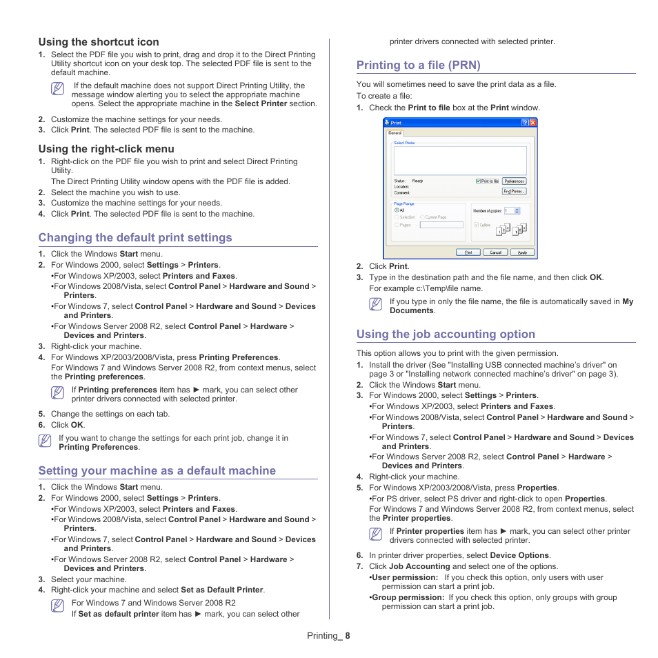 Changing the default print settings, Setting your machine as a default machine, Printing to a file (prn) | Using the job accounting option, Using the shortcut icon, Using the right-click menu | Samsung CLX-6220 User Manual | Page 58 / 155