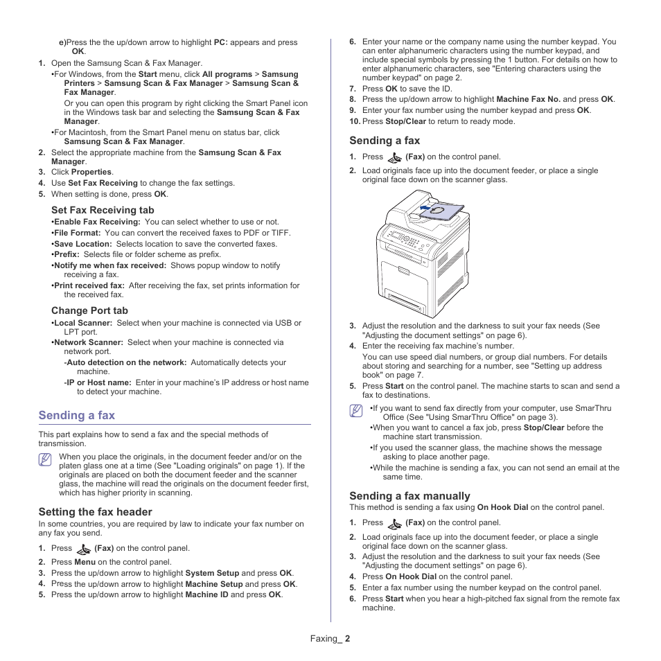 Sending a fax, Setting the fax header, Sending a fax manually | Samsung CLX-6220 User Manual | Page 78 / 155