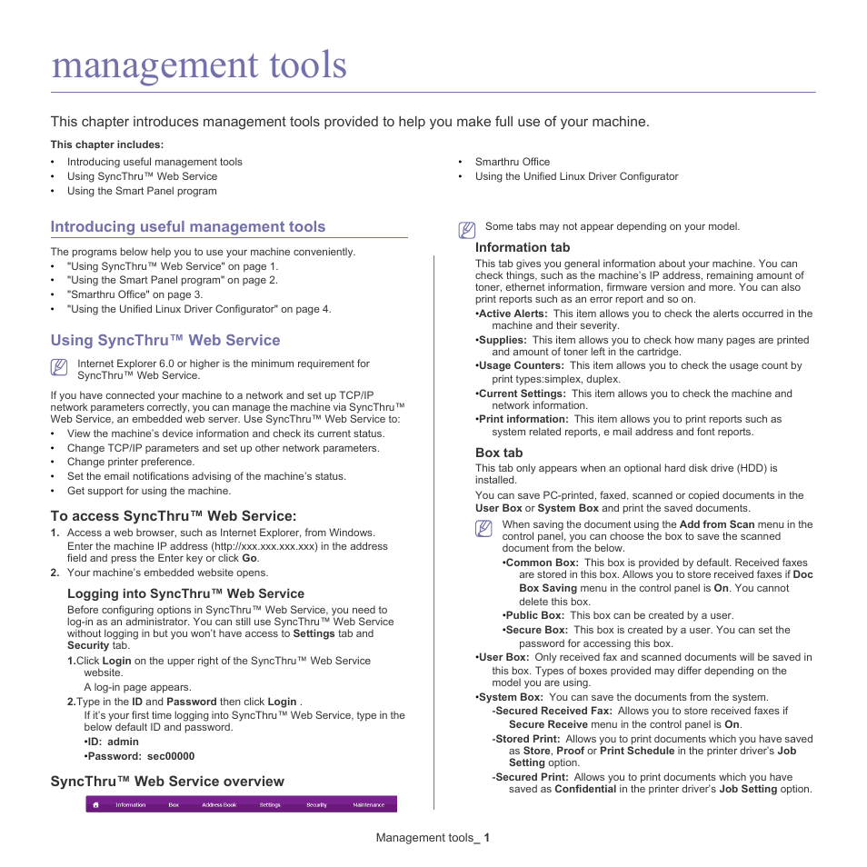 Management tools, Introducing useful management tools, Using syncthru™ web service | E "using syncthru, Syncthru™ web service overview | Samsung CLX-6220 User Manual | Page 96 / 155