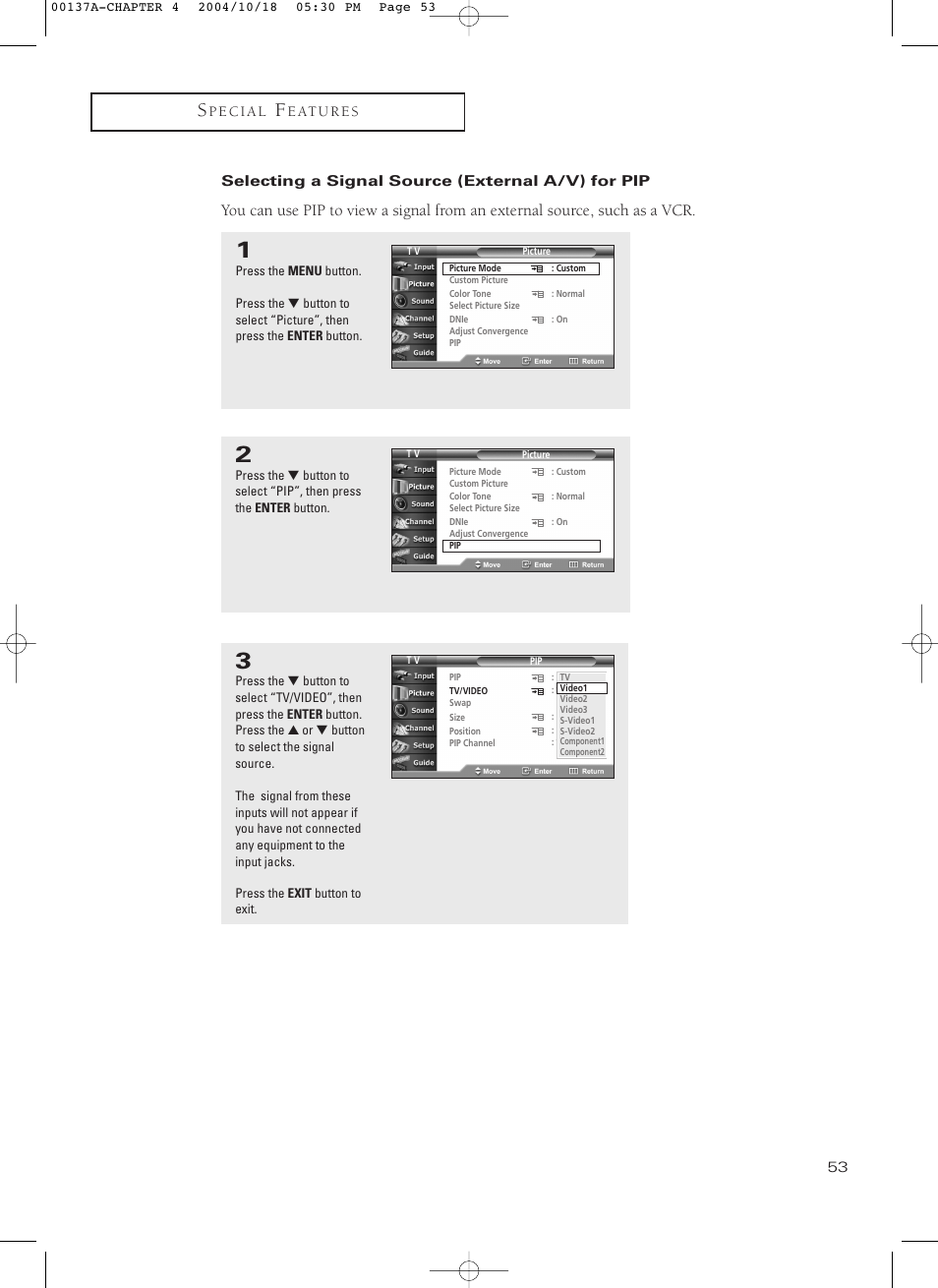 Selecting a signal source (external a/v) for pip | Samsung HCN479W User Manual | Page 53 / 87