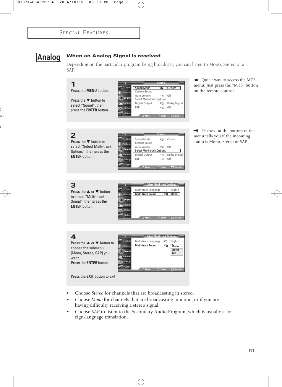 When an analog signal is received, Analog | Samsung HCN479W User Manual | Page 61 / 87