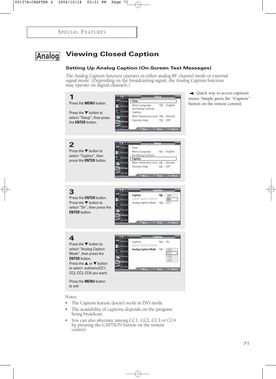 Analog, Viewing closed caption | Samsung HCN479W User Manual | Page 71 / 87