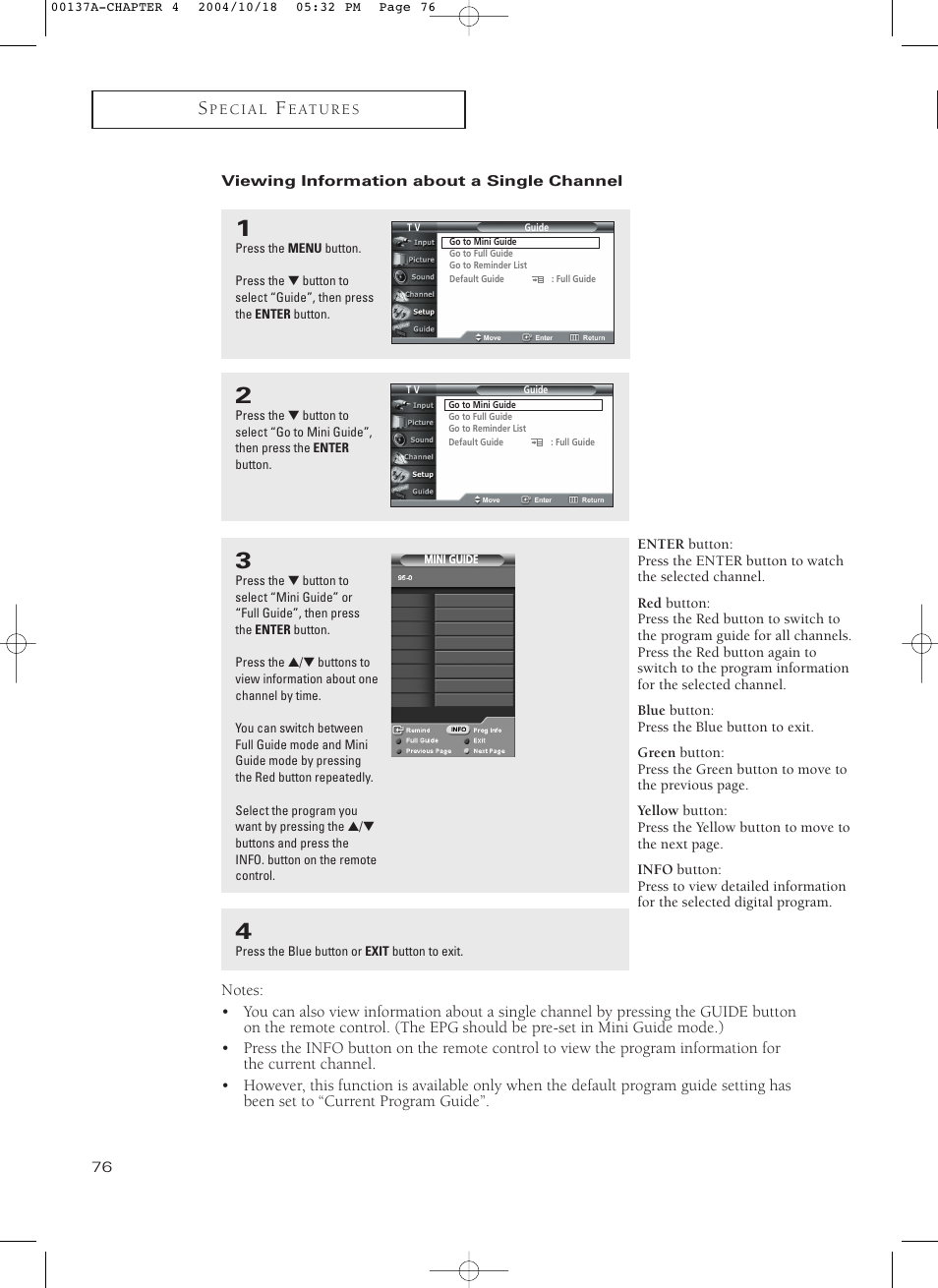 Viewing information about a single channel | Samsung HCN479W User Manual | Page 76 / 87
