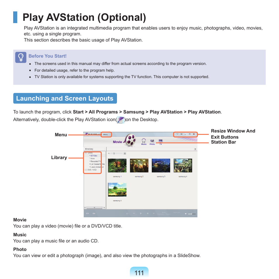 Play avstation (optional), Launching and screen layouts | Samsung X22 User Manual | Page 112 / 197