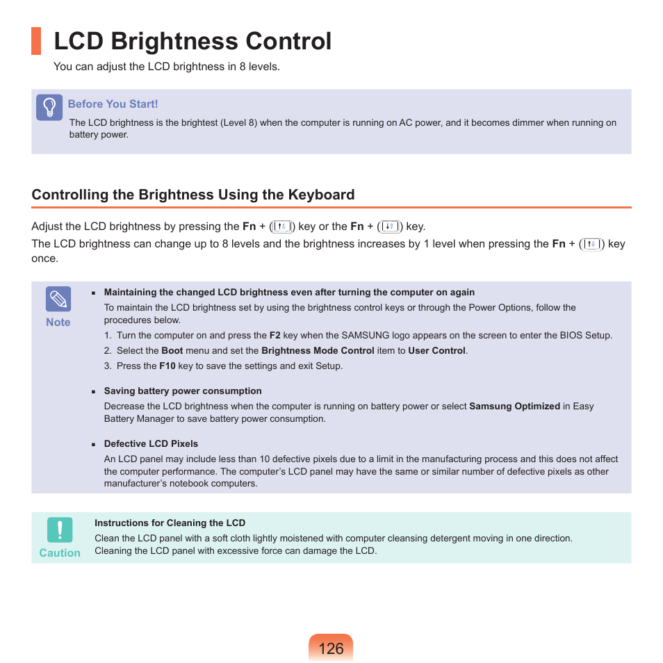 Lcd brightness control, Controlling the brightness using the keyboard | Samsung X22 User Manual | Page 127 / 197