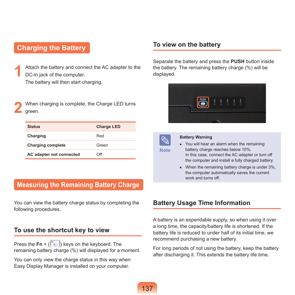 Charging the battery, Measuring the remaining battery charge | Samsung X22 User Manual | Page 138 / 197