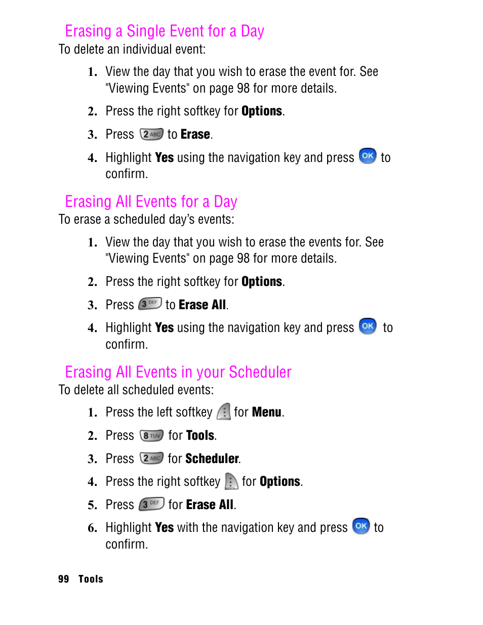 Erasing a single event for a day, Erasing all events for a day, Erasing all events in your scheduler | Samsung SPH A740 User Manual | Page 108 / 150