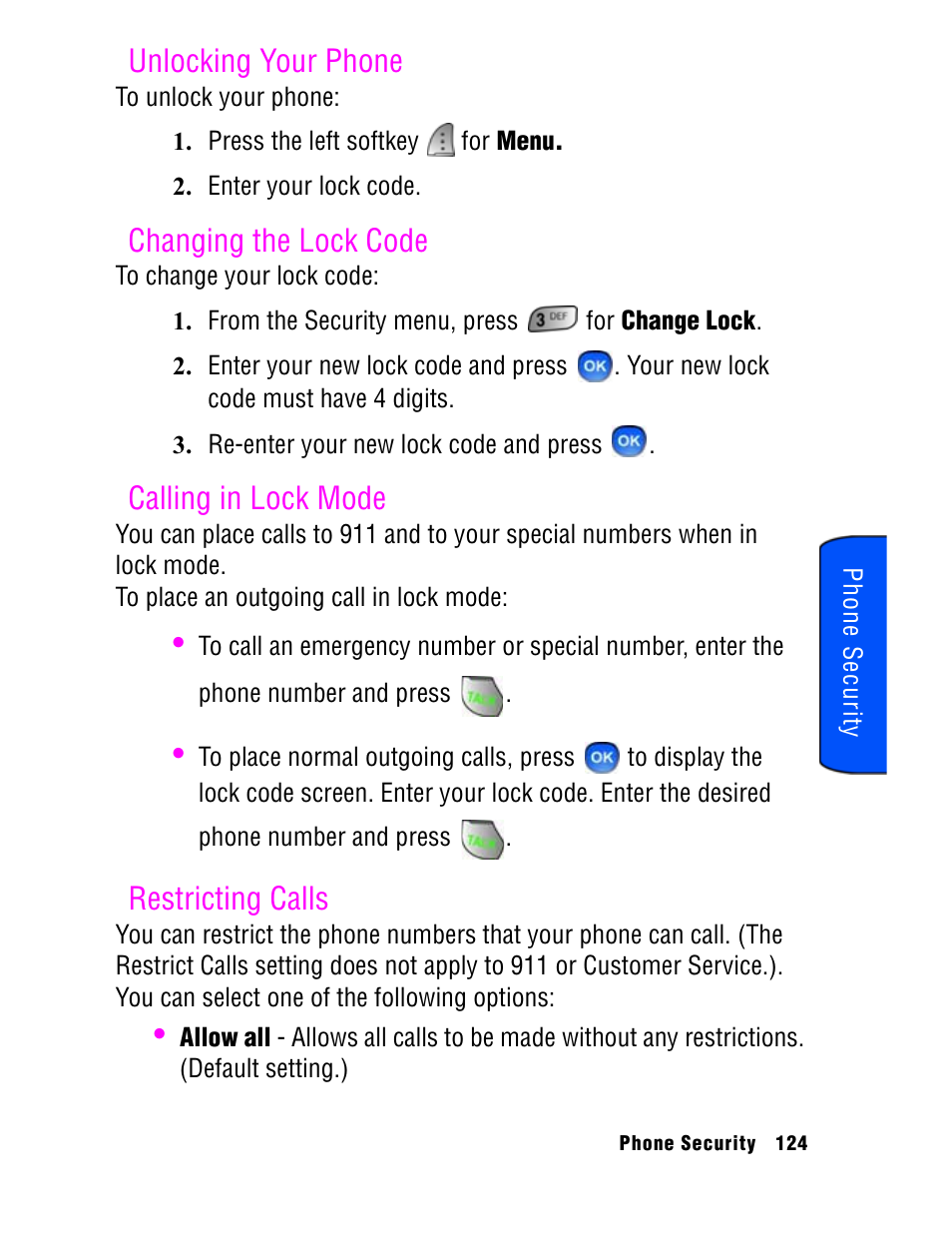 Unlocking your phone, Changing the lock code, Calling in lock mode | Restricting calls | Samsung SPH A740 User Manual | Page 133 / 150