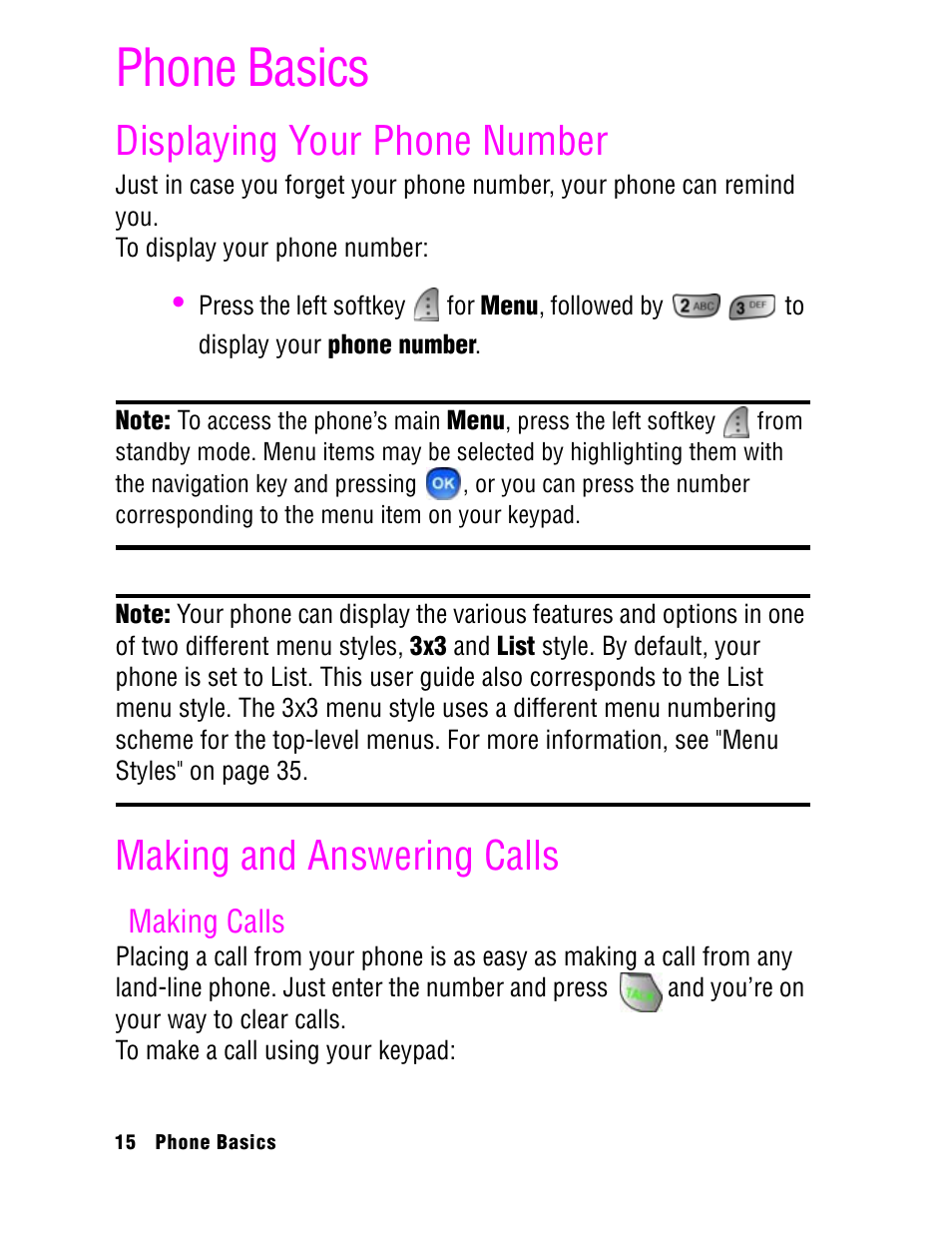 Phone basics, Displaying your phone number, Making and answering calls | Making calls | Samsung SPH A740 User Manual | Page 24 / 150