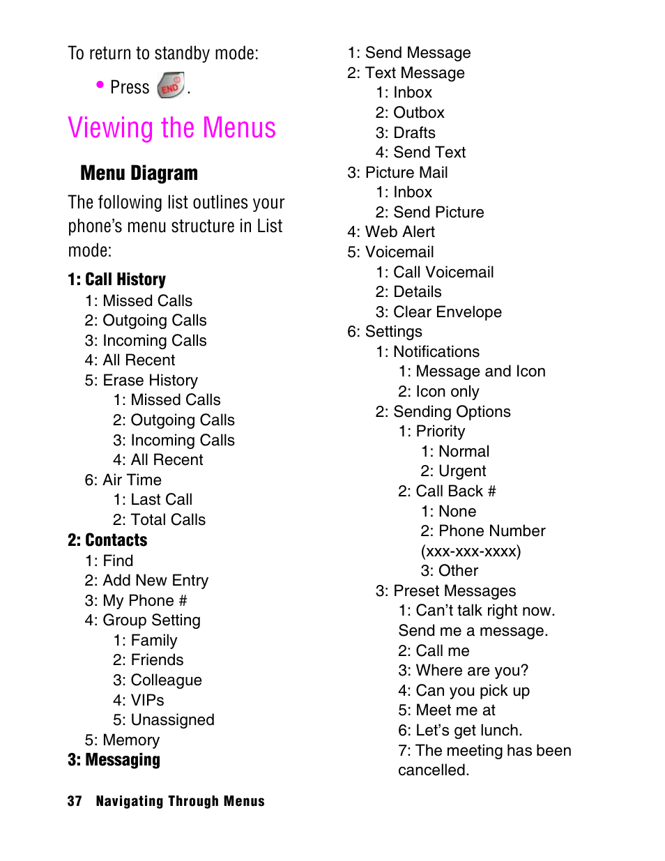 Viewing the menus, Menu diagram | Samsung SPH A740 User Manual | Page 46 / 150