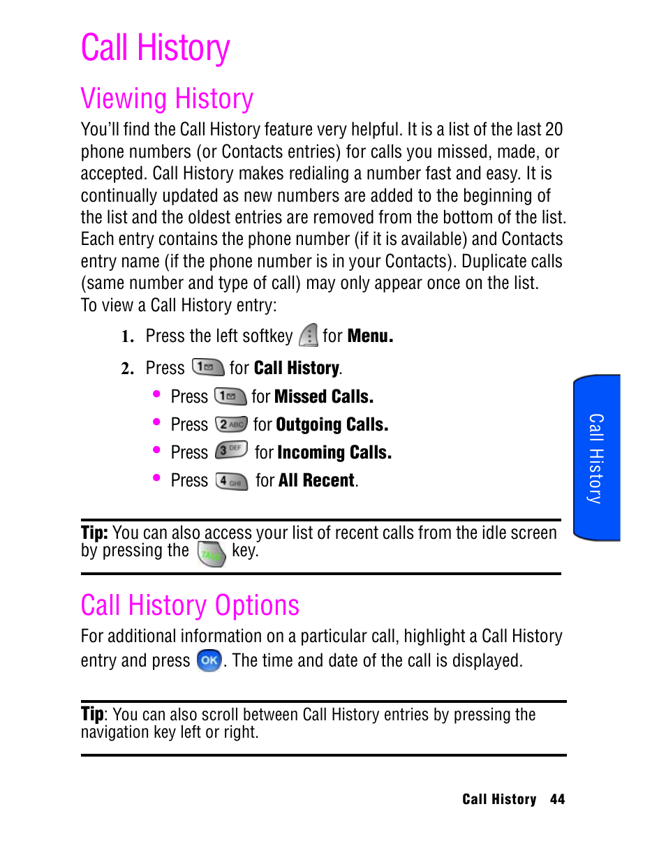 Call history, Viewing history, Call history options | Samsung SPH A740 User Manual | Page 53 / 150