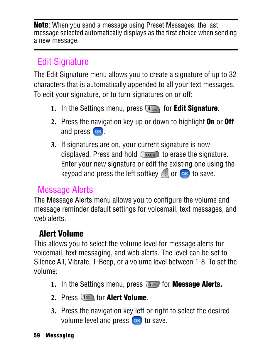 Edit signature, Message alerts | Samsung SPH A740 User Manual | Page 68 / 150