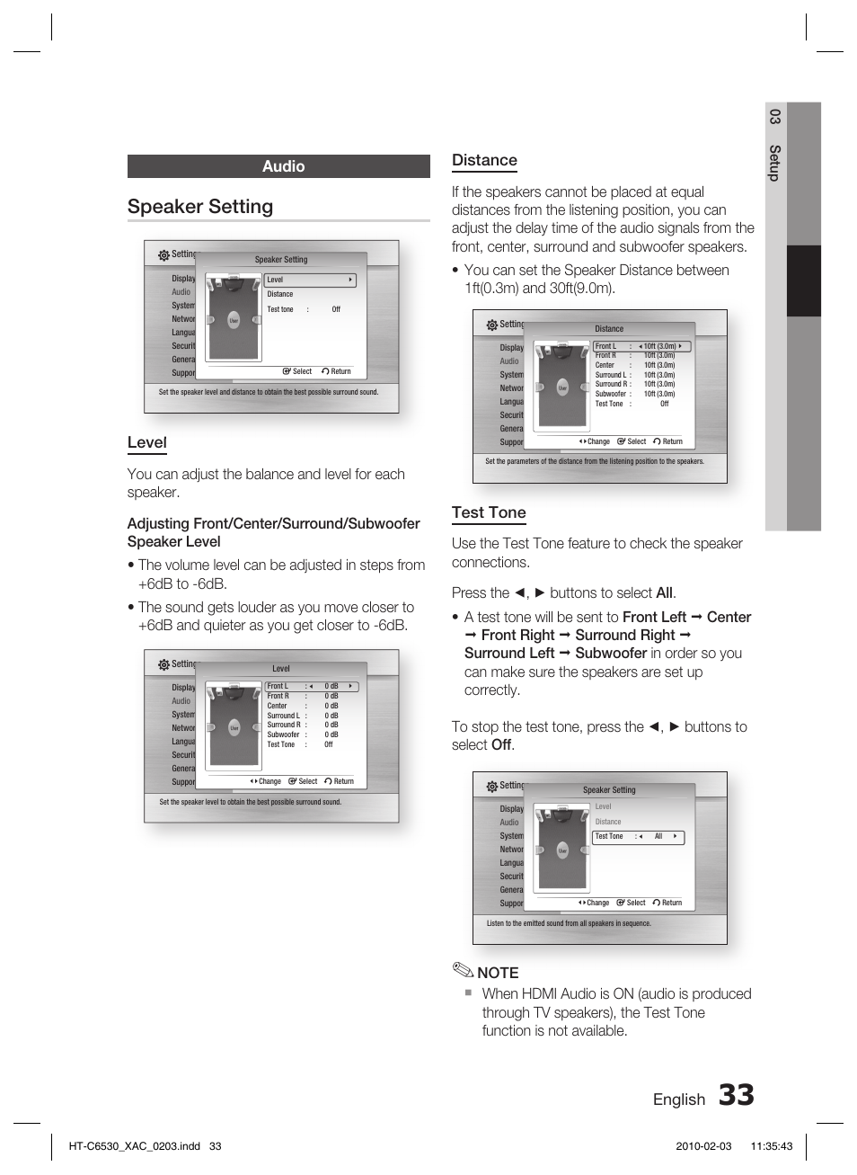 Audio, Speaker setting, English | Distance, Test tone, Level, 03 setup | Samsung HT-C6530 User Manual | Page 33 / 69