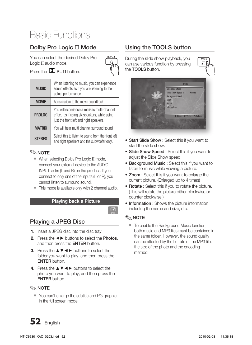 Playing back a picture, Basic functions, Using the tools button | Dolby pro logic ii mode, Playing a jpeg disc | Samsung HT-C6530 User Manual | Page 52 / 69