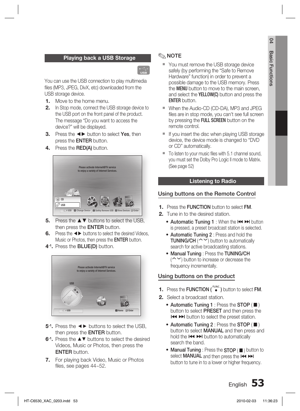 Playing back a usb storage, Listening to radio, Using an ipod | Samsung HT-C6530 User Manual | Page 53 / 69