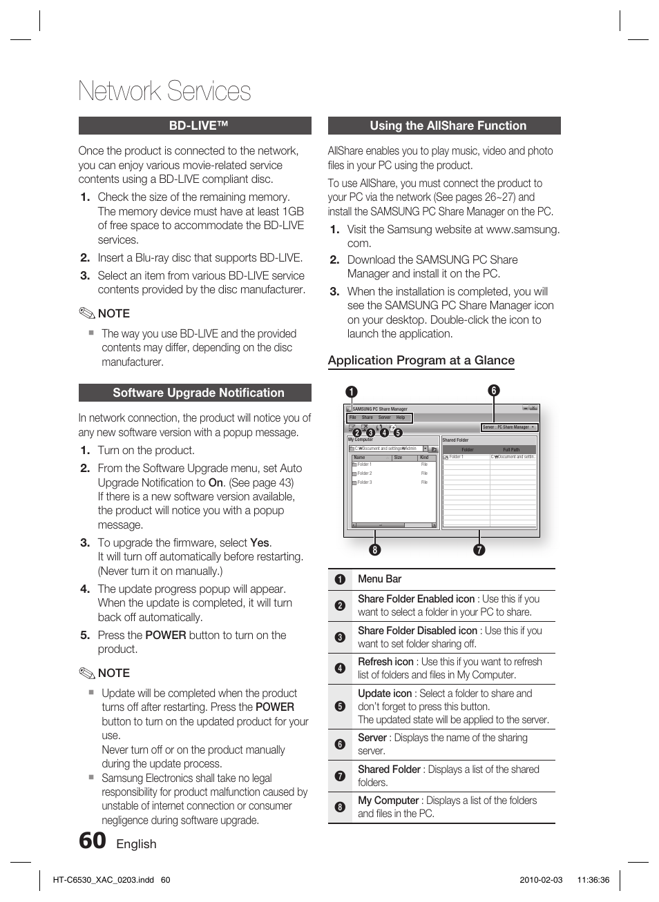 Bd-live, Software upgrade notifi cation, Using the allshare function | Network services | Samsung HT-C6530 User Manual | Page 60 / 69