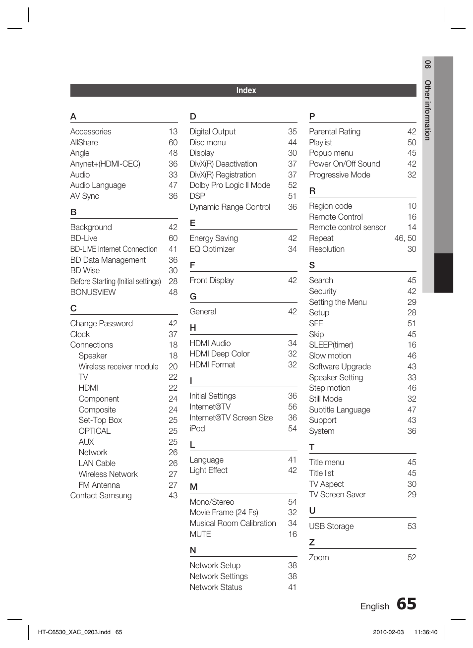 Index | Samsung HT-C6530 User Manual | Page 65 / 69