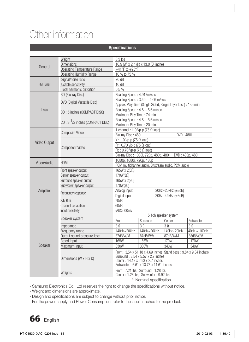 Specifi cations, Other information | Samsung HT-C6530 User Manual | Page 66 / 69
