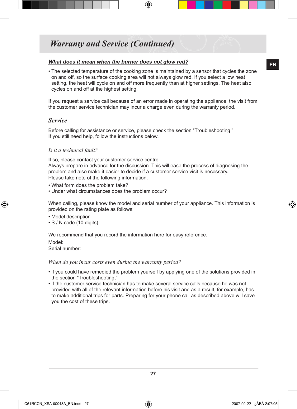Warranty and service (continued), Service | Samsung C61RCBAL User Manual | Page 29 / 34