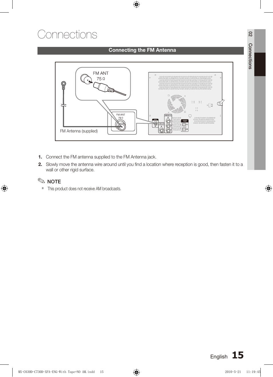 Connecting the fm antenna, Connections | Samsung AH68-02252K-C630D-C730D-XFA User Manual | Page 15 / 38