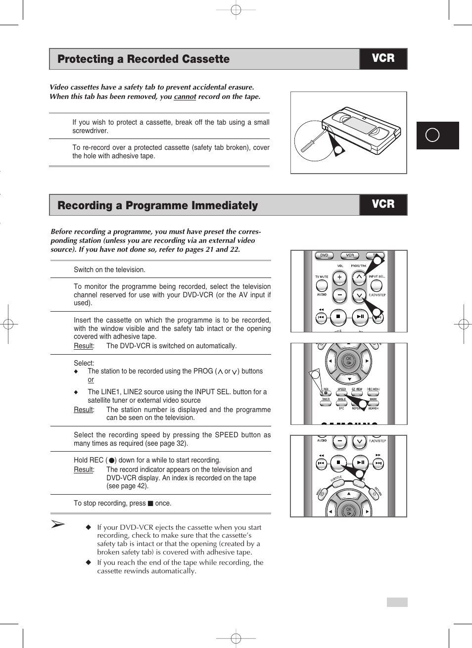 Protecting a recorded cassette, Recording a programme immediately | Samsung V70 User Manual | Page 33 / 71
