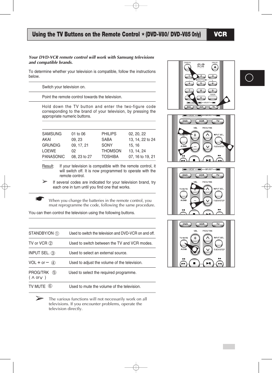 Using the tv buttons on the remote control, Dvd-v80/ dvd-v85 only) | Samsung V70 User Manual | Page 47 / 71