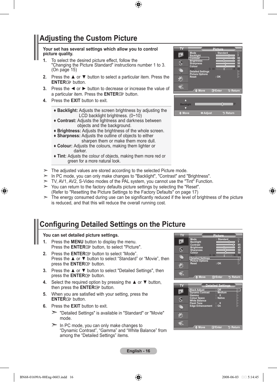 Adjusting the custom picture, Configuring detailed settings on the picture | Samsung BN68-01699A-00 User Manual | Page 18 / 44