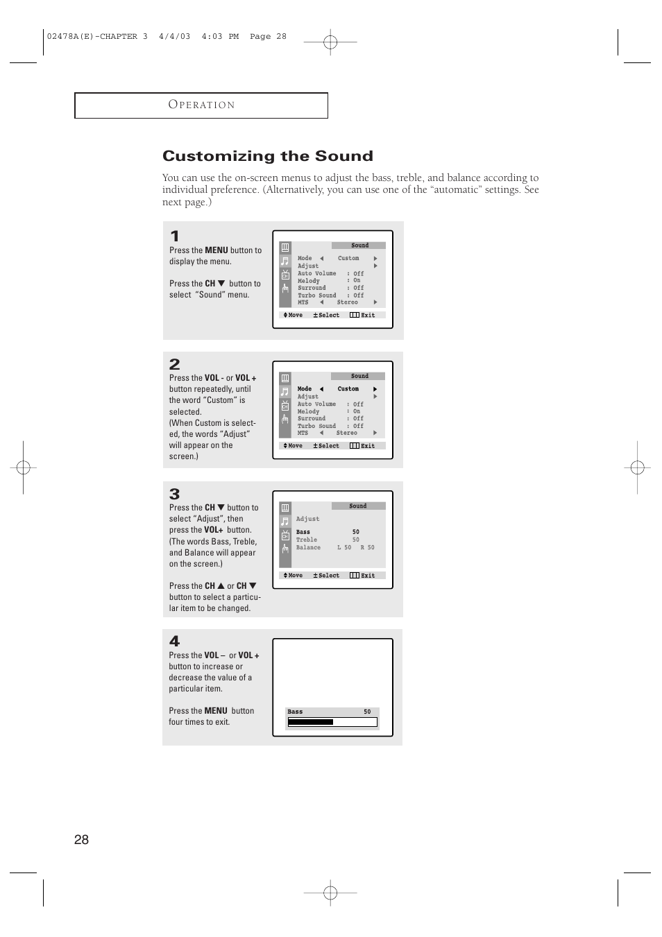 Customizing the sound | Samsung CT-21K5W User Manual | Page 28 / 46