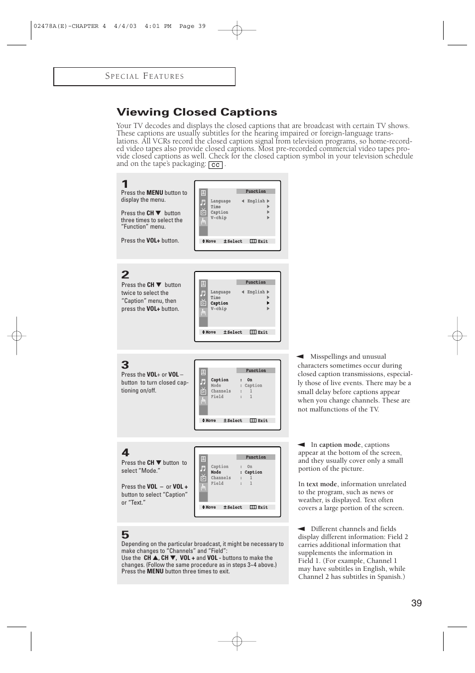 Viewing closed captions, 39 s | Samsung CT-21K5W User Manual | Page 39 / 46