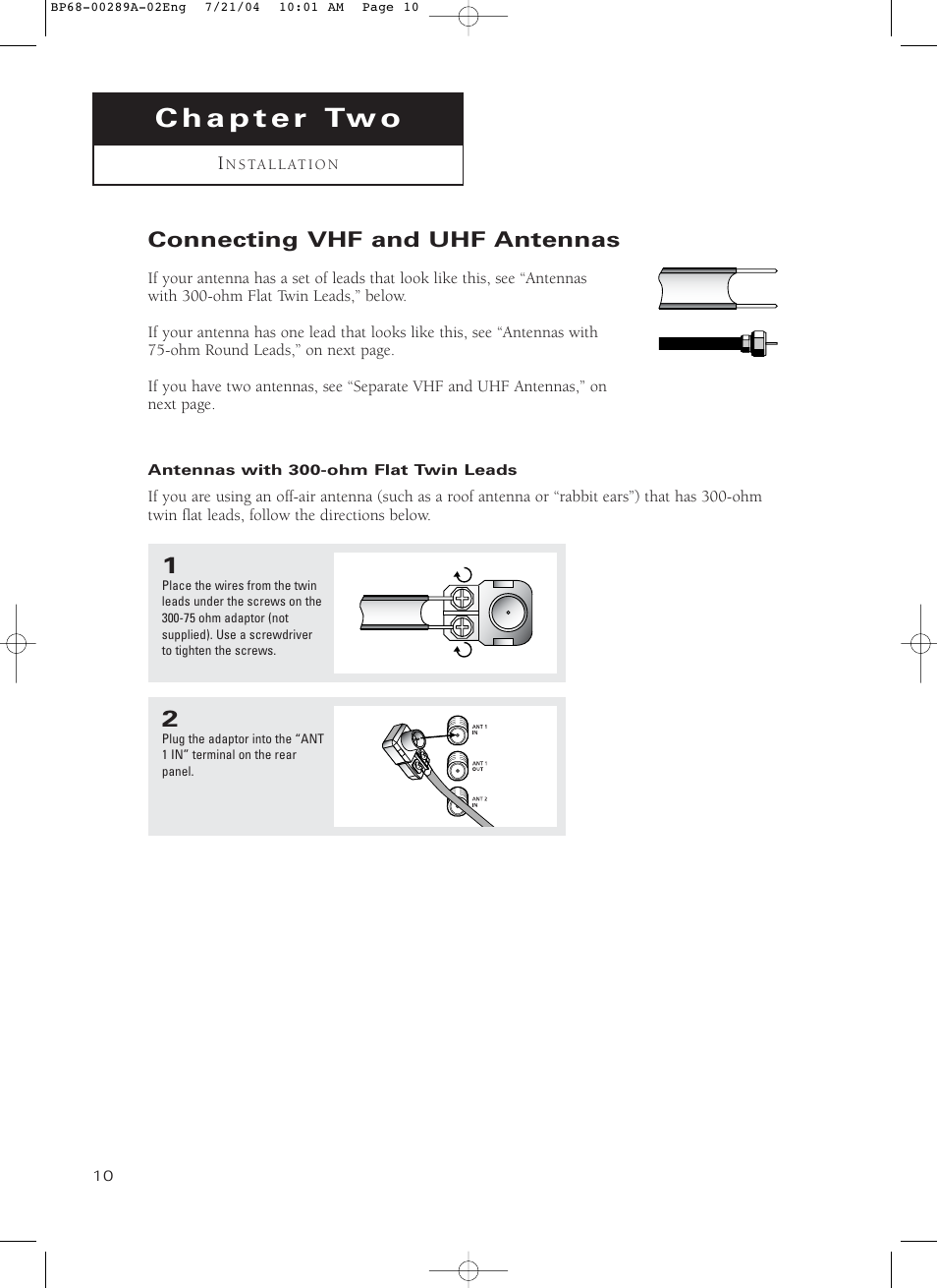 Chapter 2: installation, Connecting vhf and uhf antennas, Antennas with 300-ohm flat twin leads | Samsung HC-P4752W User Manual | Page 10 / 71